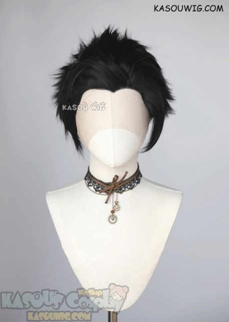 Lace Front>> Jet Black all back spiky synthetic cosplay wig LFS-1/KA032