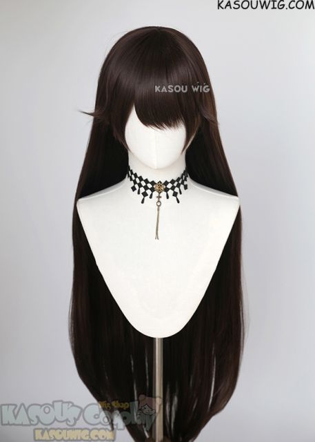 Genshin Impact Amber deep brown 100cm long straight wig with pre-cut bangs