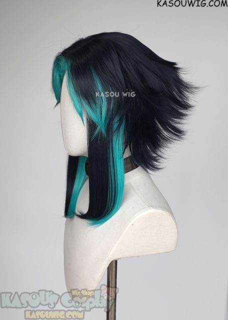 [2 colors] Genshin Impact Xiao 40cm layered flippy wig with teal highlights