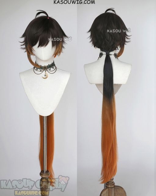 Genshin Impact Zhongli 100cm long ponytail wig brown orange ombre