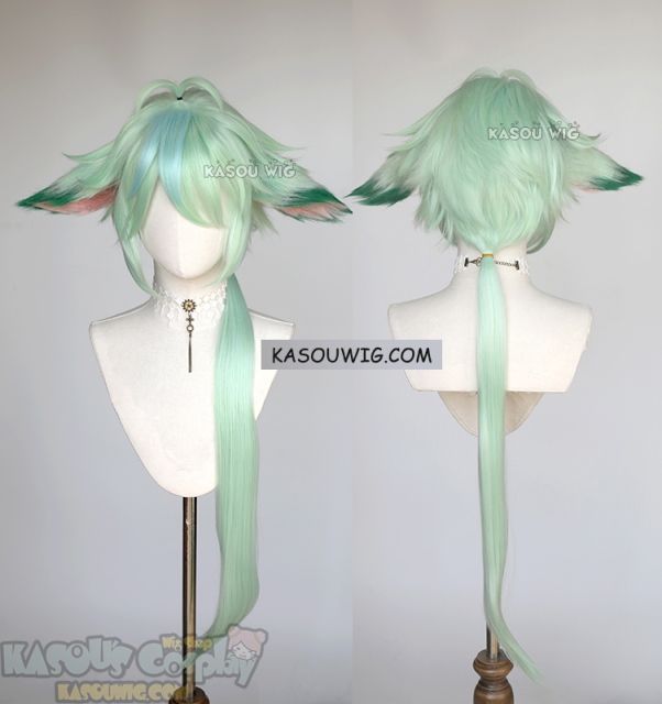 Genshin Impact Sucrose 95cm long light green layered wig with ears