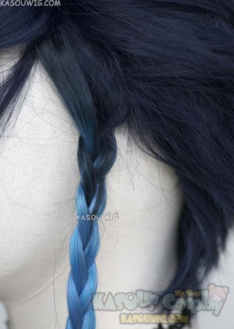 Genshin Impact Venti short deep blue flippy wig with dyed braids