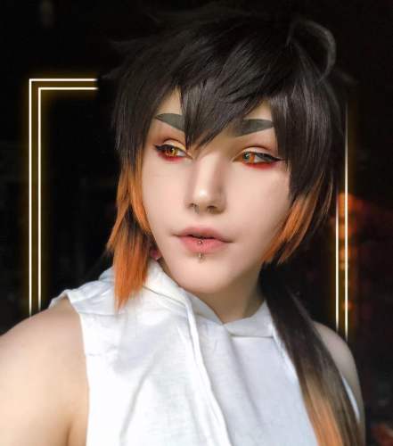 Genshin Impact Zhongli 100cm long ponytail wig brown orange ombre