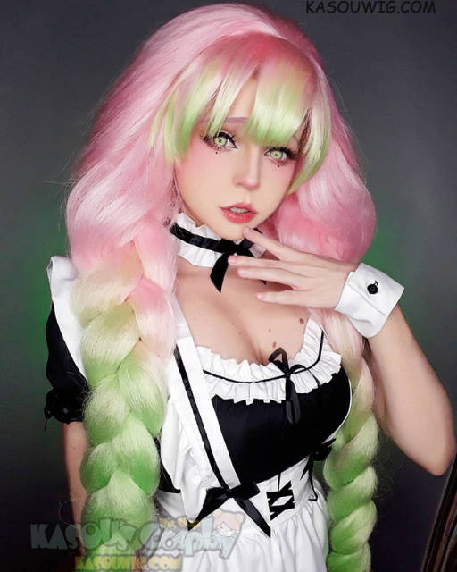 Kimetsu no Yaiba Demon Slayer Mitsuri Kanroji thick pink green cosplay wig