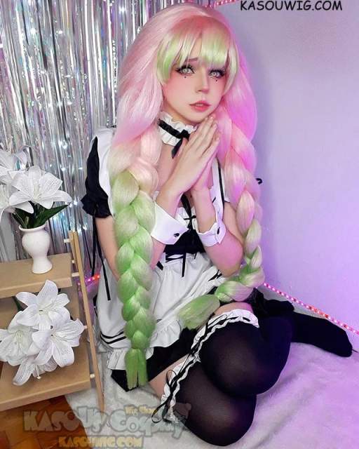Kimetsu no Yaiba Demon Slayer Mitsuri Kanroji thick pink green cosplay wig