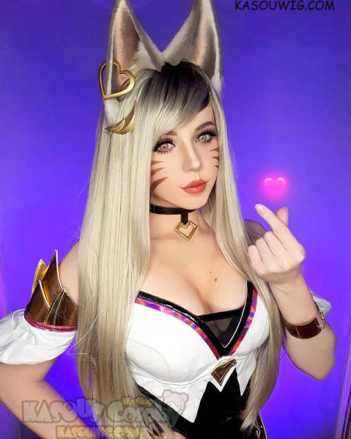 League of Legends KDA Ahri grayish blonde with black roots 75cm long straight wig