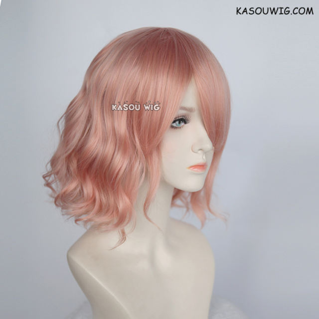 S-4 / SP22 coral pink loose beach waves lolita . harajuku wig with bangs .35cm .