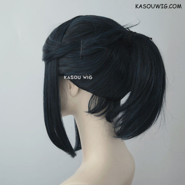 S-3 /  KA052 black blue ponytail base wig with long bangs.