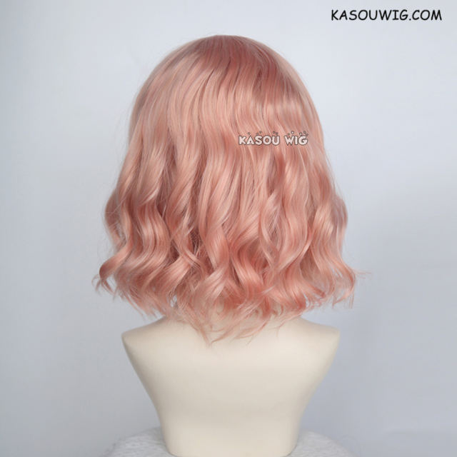 S-4 / SP22 coral pink loose beach waves lolita . harajuku wig with bangs .35cm .
