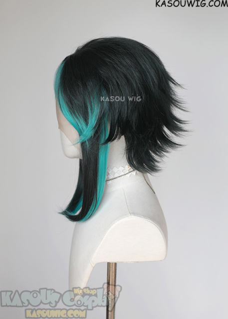 Lace Front >> Genshin Impact Xiao 40cm layered deep green flippy wig with teal highlights