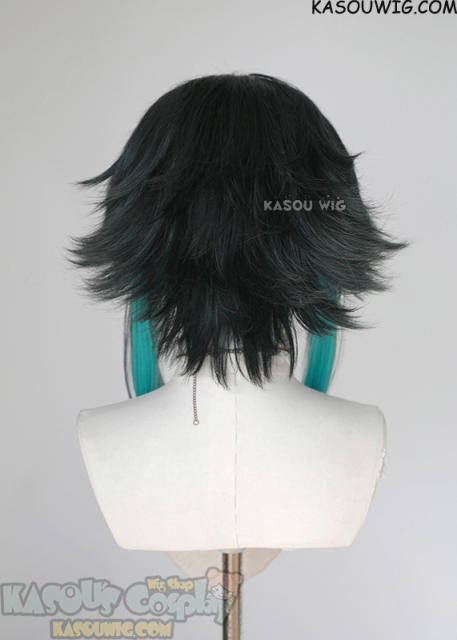 Lace Front >> Genshin Impact Xiao 40cm layered deep green flippy wig with teal highlights