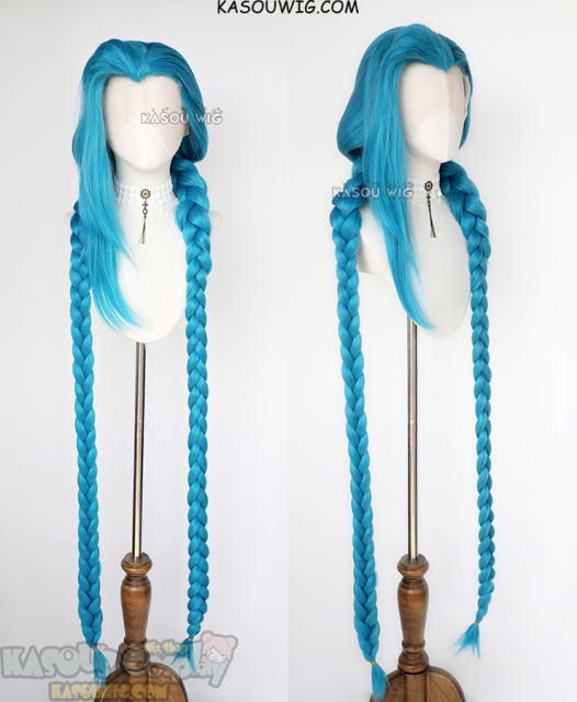 Lace Front>> League of Legends Arcane Jinx 140cm long mixed gryish blue twin braids wig