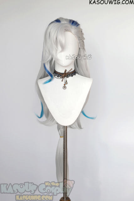 Genshin Impact Neuvilette 110cm long silver white wig with blue gradual streaks