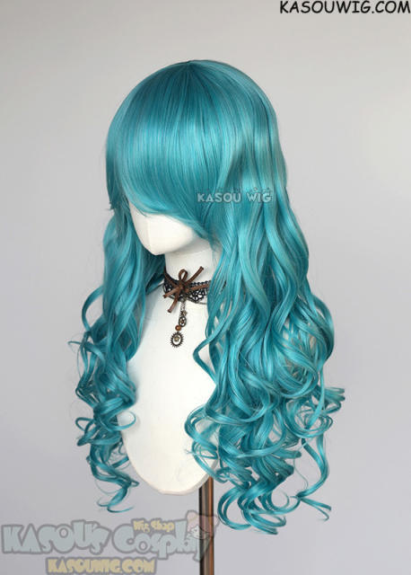 L-1 / KA059 teal blue green 75cm long curly wig
