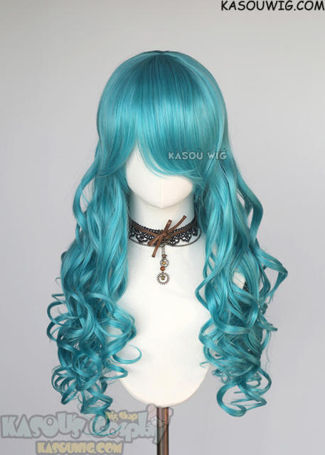 L-1 / KA059 teal blue green 75cm long curly wig