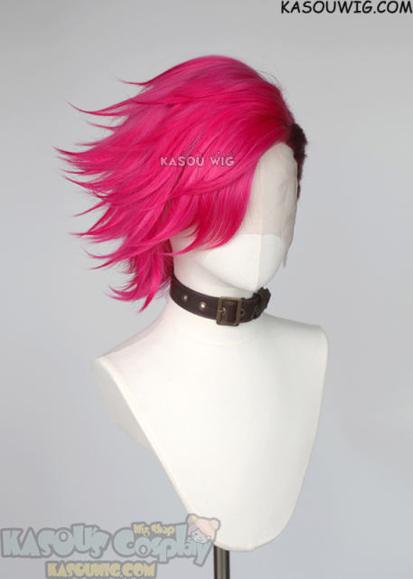 Lace Front>> League of Legends Arcane Vi pink red split spiky wig