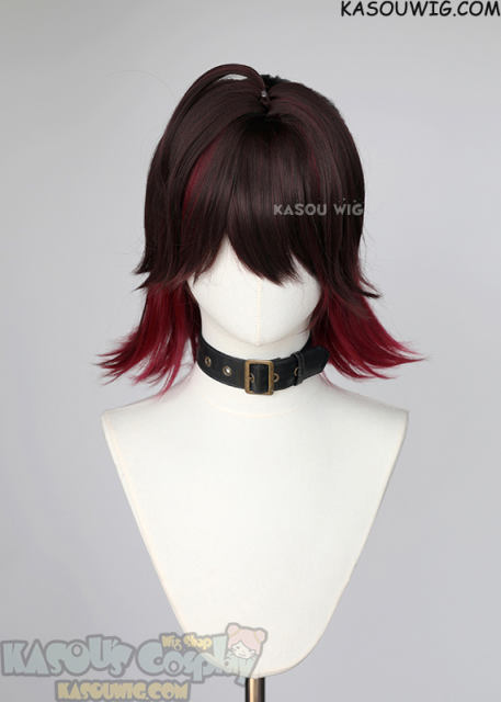 Genshin Impact Gaming short brown red ponytail wig