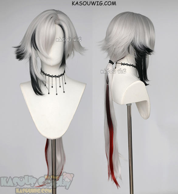 Genshin Impact Arlecchino 100cm long silver white wig with black red ombre streaks