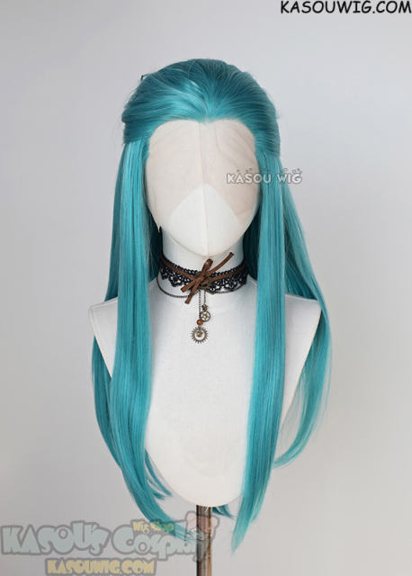 Lace Front>> teal blue green 76cm long slicked-back straight synthetic cosplay wig LFL-2/KA059