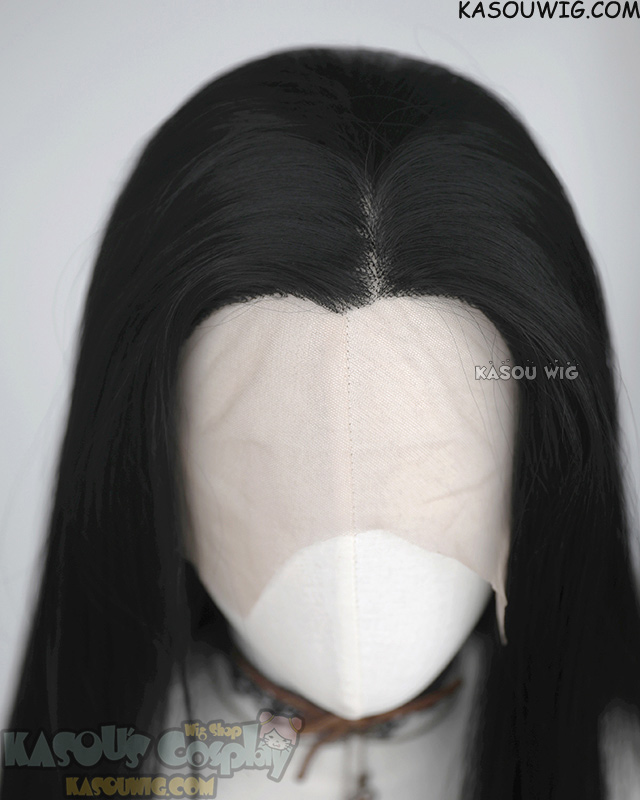 Lace Front jet black 76cm long slicked back straight synthetic cosplay wig LFL 2 KA032