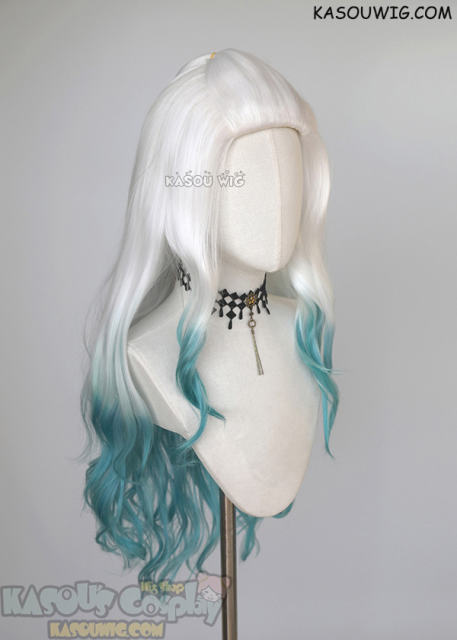 League of Legends Ahri Spirit Blossom 80cm long white teal ombre wig