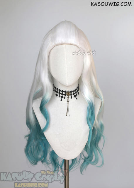 League of Legends Ahri Spirit Blossom 80cm long white teal ombre wig