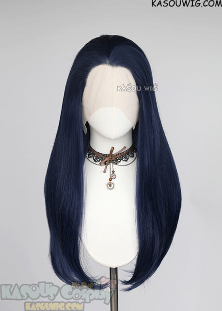 Lace Front>> dark blue 76cm long slicked-back straight synthetic wig LFL-2/SP10