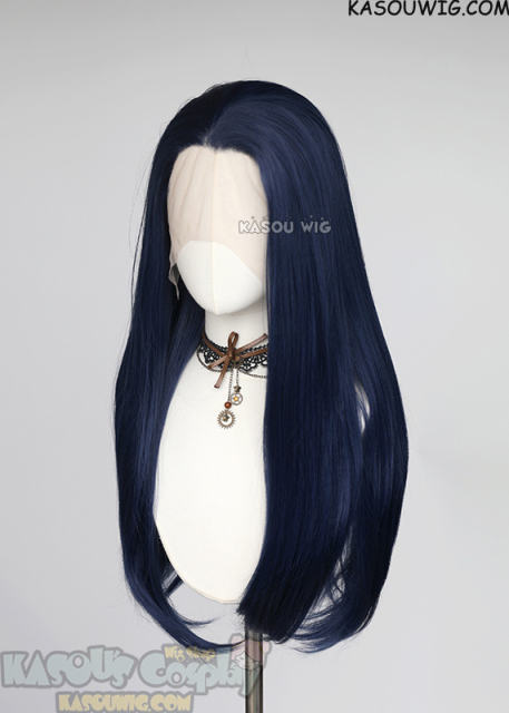 Lace Front>> dark blue 76cm long slicked-back straight synthetic wig LFL-2/SP10