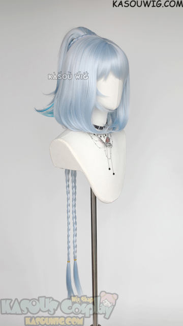 Genshin Impact Mualani light blue ombre 100cm long braided bob wig with ponytail