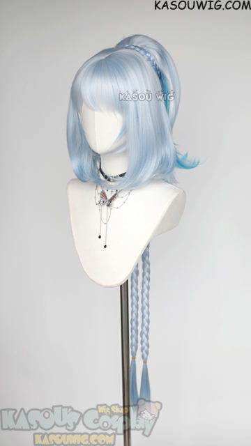 Genshin Impact Mualani light blue ombre 100cm long braided bob wig with ponytail