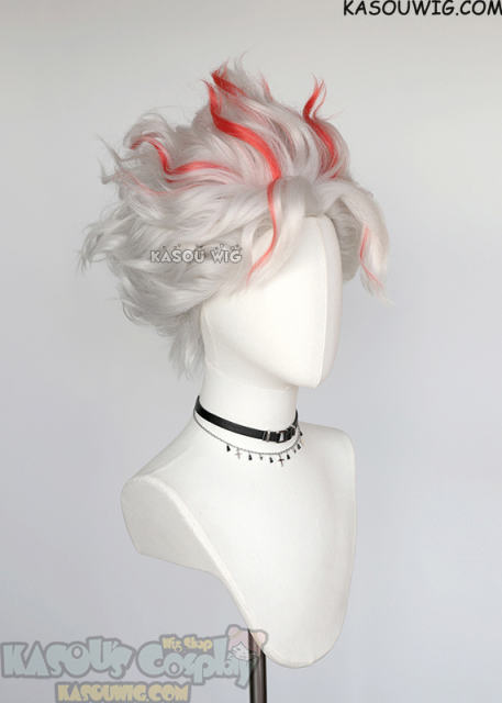 Dandadan Okarun Ken Takakura short pre-crimped wavy silver white wig with red streaks