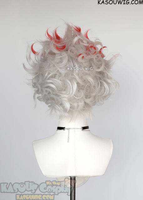 Dandadan Okarun Ken Takakura short pre-crimped wavy silver white wig with red streaks
