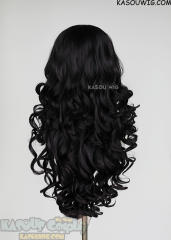 Lace Front>> Jet Black 75cm long middle parting curly wig LFL-1/KA032
