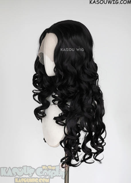 Lace Front>> Jet Black 75cm long middle parting curly wig LFL-1/KA032