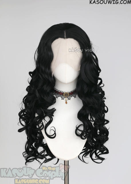 Lace Front>> Jet Black 75cm long middle parting curly wig LFL-1/KA032