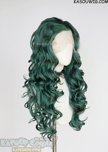 Lace Front>> Dark Olive Green 75cm long middle parting curly wig LFL-1/KA065
