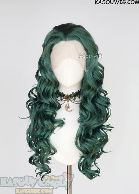 Lace Front>> Dark Olive Green 75cm long middle parting curly wig LFL-1/KA065