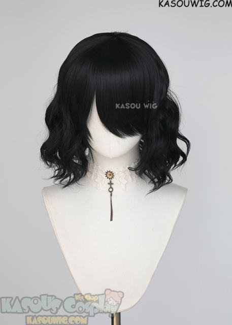 S-4 / KA032 jet black loose beach waves lolita harajuku wig with bangs 35cm