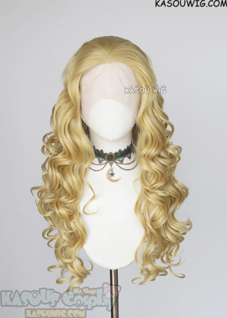 Lace Front>> Light Yellow Blonde 75cm long middle parting curly wig LFL-1/KA010