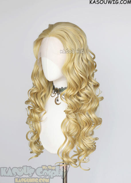 Lace Front>> Light Yellow Blonde 75cm long middle parting curly wig LFL-1/KA010