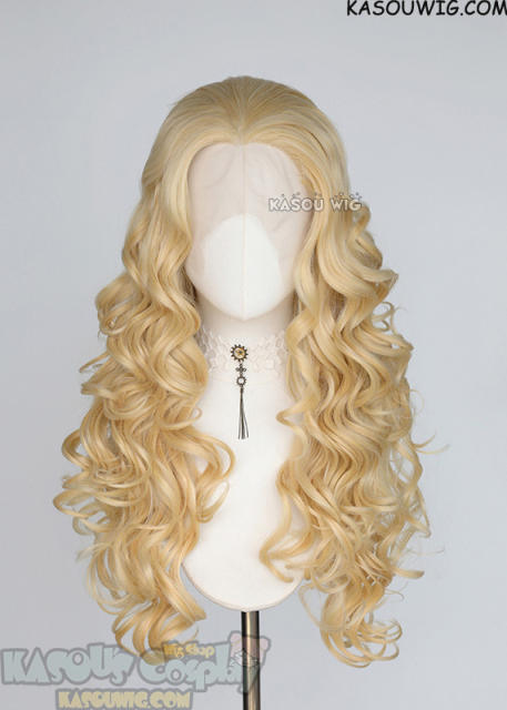 Lace Front>> Yellow Blonde 75cm long middle parting curly wig LFL-1/KA008