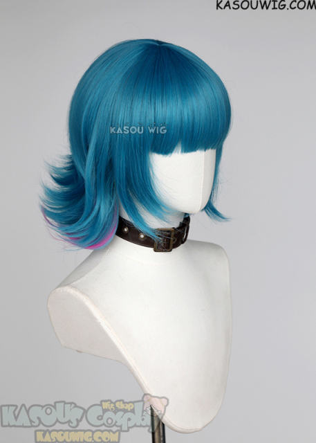 Arcane S2 Jinx short flippy blue wig with pink streaks
