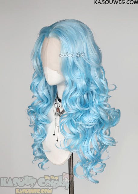 Lace Front>> Light Blue 75cm long middle parting curly wig LFL-1/KA046