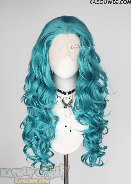 Lace Front>> Teal Blue Green 75cm long middle parting curly wig LFL-1/KA059
