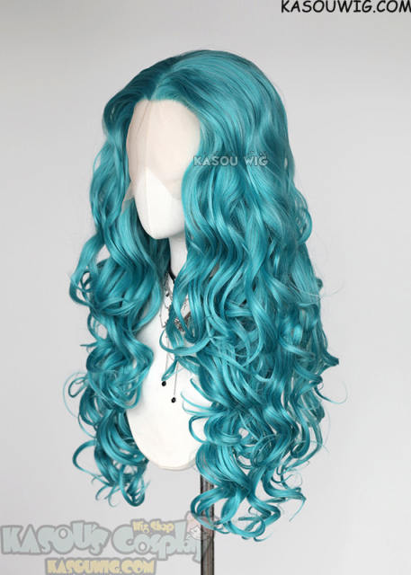 Lace Front>> Teal Blue Green 75cm long middle parting curly wig LFL-1/KA059
