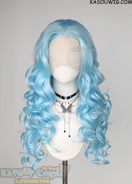Lace Front>> Light Blue 75cm long middle parting curly wig LFL-1/KA046