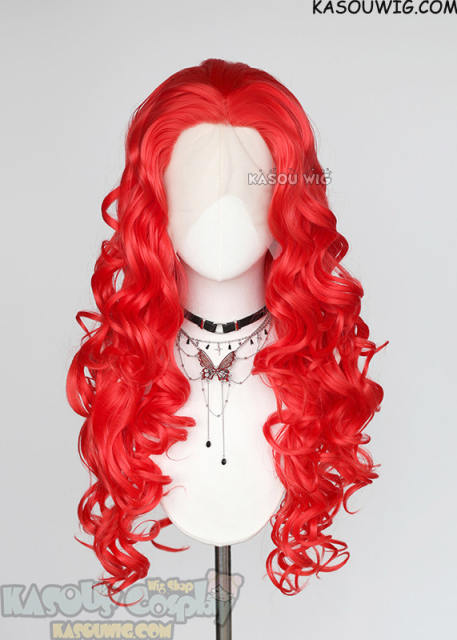 Lace Front>> Bright Red 75cm long middle parting curly wig LFL-1/KA039