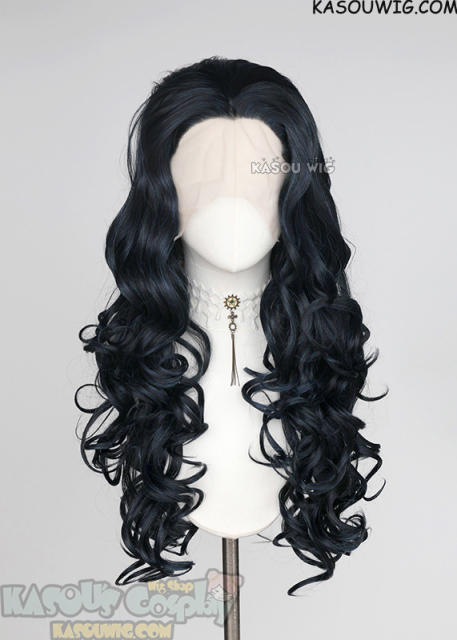 Lace Front>> Black Blue 75cm long middle parting curly wig LFL-1/KA052