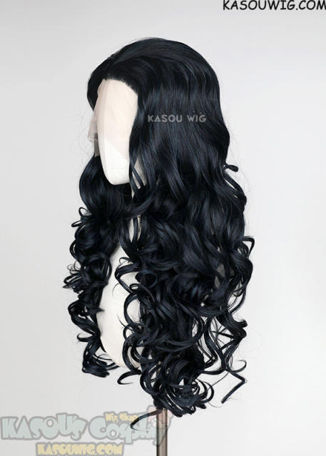 Lace Front>> Black Blue 75cm long middle parting curly wig LFL-1/KA052