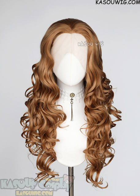Lace Front>> Caramel Brown 75cm long middle parting curly wig LFL-1/KA023